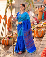 Koshi Vol-11 Blue Printed Saree - Chhath Special-3 Pcs Set.