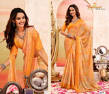 Krishnaleela Saffron Floral Printed Saree – 8 Pcs Set – M.R. Saree Emporium