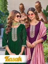 Aanchi Kasak Flared Style 3 Pcs Kurti Set (Kurti + Bottom + Dupatta) – Vichitra Silk -M.R. Saree Emporium
