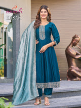 Aanchi Kasak Flared Style 3 Pcs Kurti Set (Kurti + Bottom + Dupatta) – Vichitra Silk -M.R. Saree Emporium