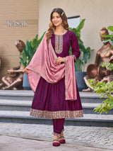 Aanchi Kasak Flared Style 3 Pcs Kurti Set (Kurti + Bottom + Dupatta) – Vichitra Silk -M.R. Saree Emporium