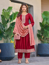 Aanchi Kasak Flared Style 3 Pcs Kurti Set (Kurti + Bottom + Dupatta) – Vichitra Silk -M.R. Saree Emporium