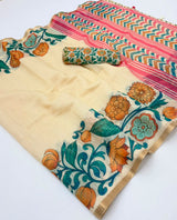 Lisha Soft Linen Cotton Saree with Zari Border & Tassels-6 Pcs Set.