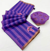 Lisha Soft Cotton Linen Saree with Zari Border & Tassels-6 Pcs Set.