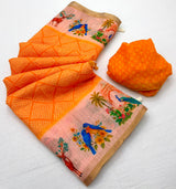 Lisha Soft Linen Saree with Zari Border & Tassels - 6 Pcs Set