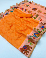 Lisha Soft Linen Saree with Zari Border & Tassels - 6 Pcs Set