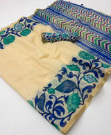 Lisha Soft Linen Cotton Saree with Zari Border & Tassels-6 Pcs Set.