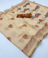 Lisha Linen Saree with Zari Border & Fancy Tassels - 6 Pcs Set