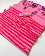 Lisha Soft Cotton Linen Saree with Zari Border & Tassels-6 Pcs Set.