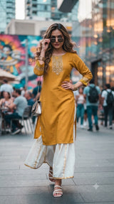 Women's Maslin Kurta Palazzo Set - Embroidered Casual & Festive Wear 3 Pcs Set