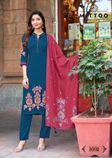 Mittoo Kalamay Heavy Rayon Suit Set with Muslin Printed Dupatta – Thread & Handwork -6 Pcs Set-M.R. Saree Emporium