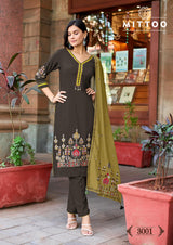 Mittoo Kalamay Heavy Rayon Suit Set with Muslin Printed Dupatta – Thread & Handwork -6 Pcs Set-M.R. Saree Emporium