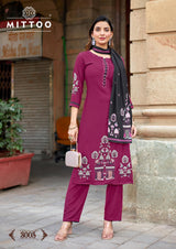 Mittoo Kalamay Heavy Rayon Suit Set with Muslin Printed Dupatta – Thread & Handwork -6 Pcs Set-M.R. Saree Emporium