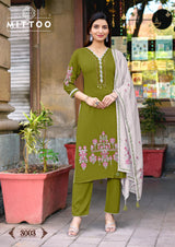 Mittoo Kalamay Heavy Rayon Suit Set with Muslin Printed Dupatta – Thread & Handwork -6 Pcs Set-M.R. Saree Emporium