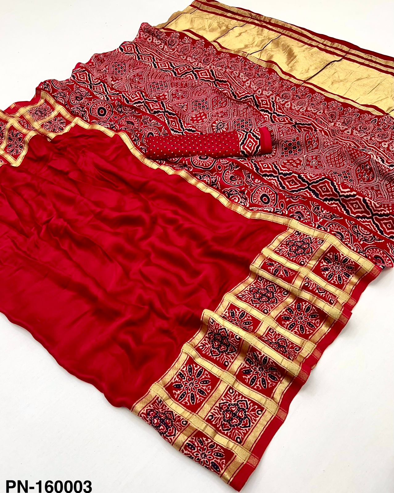 Elegant Red Raj Yog Pure Gajji Saree with fancy prints & Lagadi Patta border. Premium quality – Single Pcs Saree at M.R. Saree Emporium. (Copy)