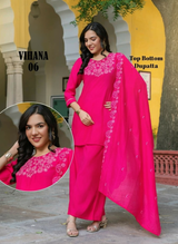 Kaya Vihana 3-Piece Straight Cut Set with Plazzo – Roman Top & Bottom, Chanderi Dupatta
