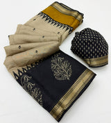 Soft Mul Cotton Printed Saree with Zari Border- 6Pcs Set