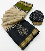 Soft Mul Cotton Printed Saree with Zari Border- 6Pcs Set