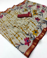 Kazari Series Mul Cotton Printed Saree with Zari Border 6 Pcs Set