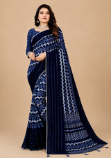 Navy Blue Printed Georgette Saree with Tassel Pallu