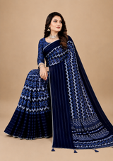 Navy Blue Printed Georgette Saree with Tassel Pallu