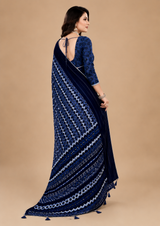 Navy Blue Printed Georgette Saree with Tassel Pallu