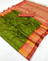 RajYog Pushpa Tusser Saree with Designer Print & Tassels - 8 Pcs Set