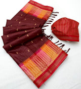 RajYog Pushpa Tusser Saree with Designer Print & Tassels - 8 Pcs Set