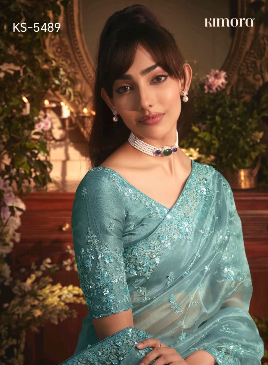 Kimora KS-5489 Aqua Blue Fancy Embroidered Saree – Single Pcs M.R. Saree Emporium