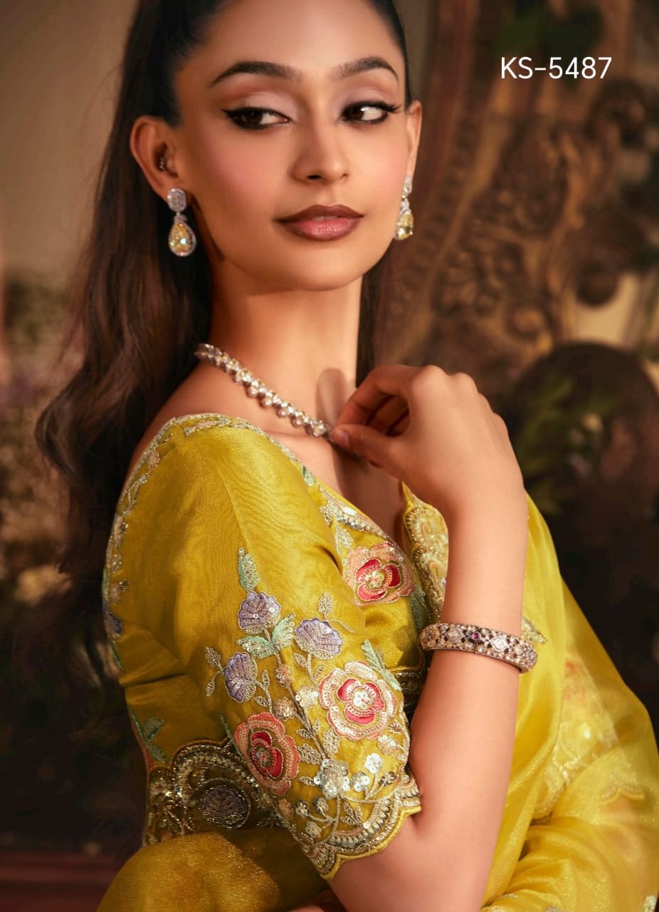 Kimora KS-5487 Yellow Saree with Multicolor Floral Embroidered Blouse – Single Pcs M.R. Saree Emporium