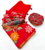 Rajyog Kazari Chanderi Linen Kalamkari Print Saree - Weaving Border