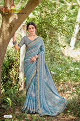 Krishnaleela Rutvi Fancy Fabrics Floral Printed Saree with Designer Border - 8 PCS Set