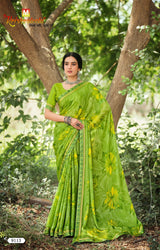 Krishnaleela Rutvi Fancy Fabrics Floral Printed Saree with Designer Border - 8 PCS Set