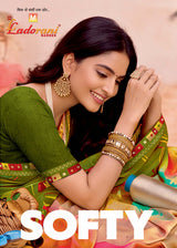 Ladorani Softy Green Printed Saree with Designer Border - 8 Pcs Set