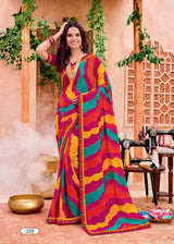 Ladorani Softy Green Printed Saree with Designer Border - 8 Pcs Set