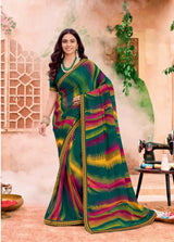 Ladorani Softy Green Printed Saree with Designer Border - 8 Pcs Set