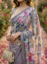 Subhash Ketaki Floral Printed Georgette Saree with Swarovski Work - 10 Pcs Set