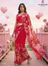 Subhash Ketaki Floral Printed Georgette Saree with Swarovski Work - 10 Pcs Set