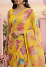 Subhash Ketaki Floral Printed Georgette Saree with Swarovski Work - 10 Pcs Set
