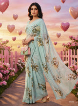 Subhash Ketaki Floral Printed Georgette Saree with Swarovski Work - 10 Pcs Set