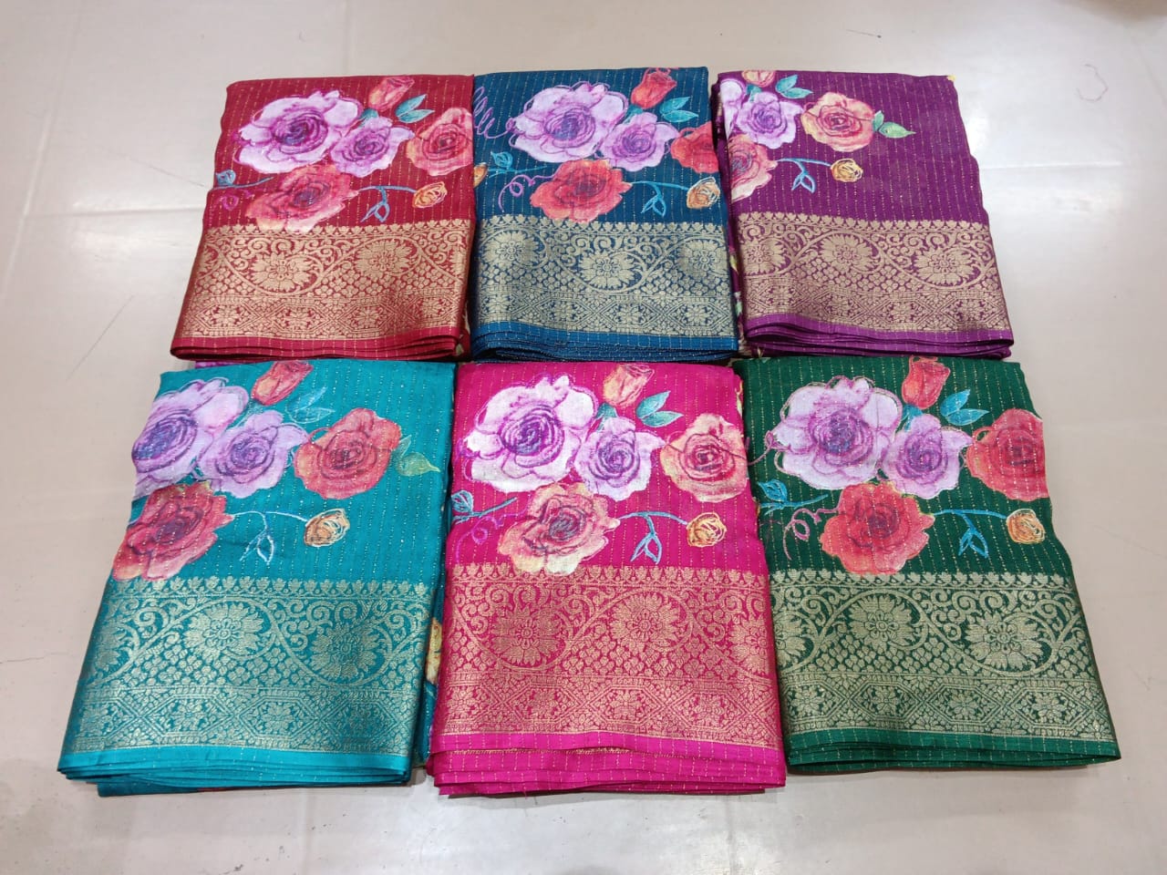 Floral Print Moss Chiffon Saree With Rich Zari Border –6 Pcs Set M.R. Saree Emporium
