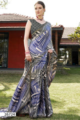 Vallabhi Ramya Georgette Fancy Print Saree With Swarovski Lace Border 8 Pcs Set - M.R. Saree Emporium