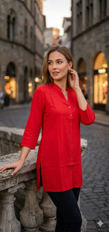 D No 108 Women Rayon Shirt Kurti Top - Casual Button Tunic