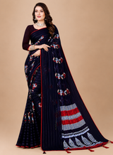 Navy Blue Floral Printed Georgette Saree with Tassel Pallu