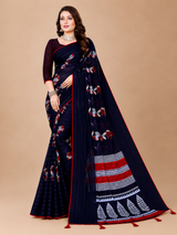 Navy Blue Floral Printed Georgette Saree with Tassel Pallu