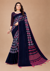 Navy Blue Geometric Printed Georgette Saree with Tassel Pallu