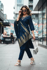 Florina Women's Roman Silk Kurti Set with Muslin Jacquard Silk Dupatta