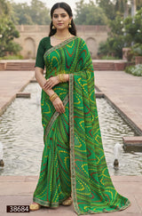 HARITALIKA Sawan Special Green Moss Georgette Saree with Designer Border - 8 Pcs Set