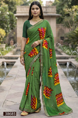 HARITALIKA Sawan Special Green Moss Georgette Saree with Designer Border - 8 Pcs Set