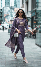 Jeevika Roman Fabric Kurti Pant Set with Silk Dupatta - 6 PCS Set